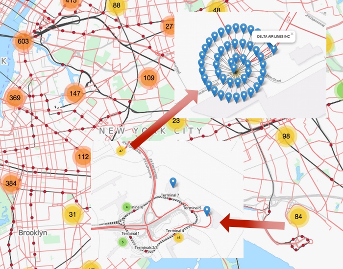 Cluster map — zooming into JFK reveals 47 licenses at one address, including Delta Air Lines