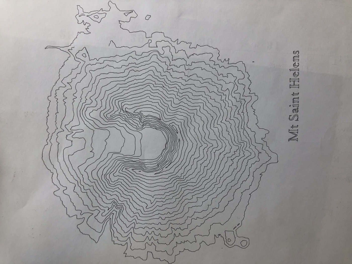 Mount Saint Helens as nested contour lines, plotted pen-on-paper
