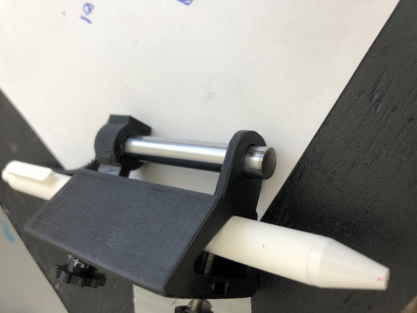 The pen carriage: printed clamp, thumbscrew, whatever pen is nearby